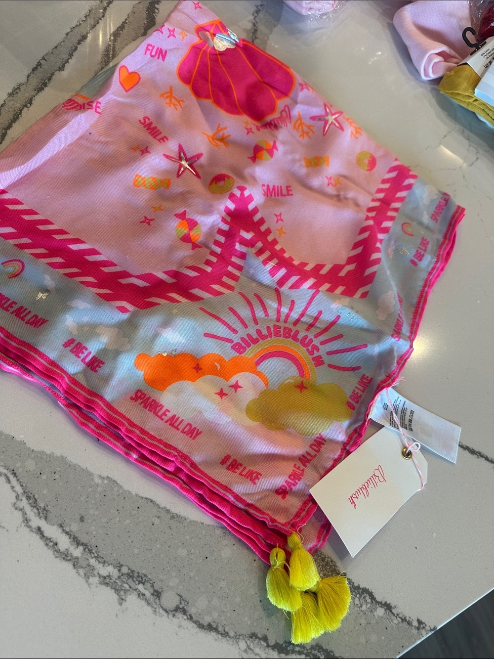 Billieblush Pink Scarf with Rainbow, Cloud Motifs & Yellow Tassels